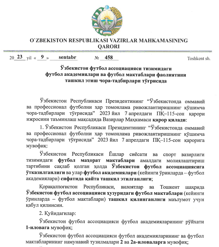 O'zbekiston futbol assotsiatsiya tizimdagi futbol akademiyalari va futbol maktablari faoliyati  tashkil etish chora tadbirlari to'g'risida